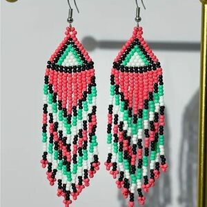Pink and Green Beaded Earrings with Geometric Patterns